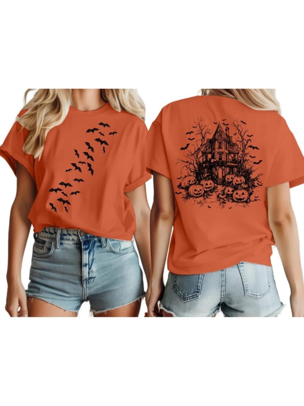 🆕 Women's Orange Haunted House Bats Halloween Graphic Tee Short Sleeve Shirt